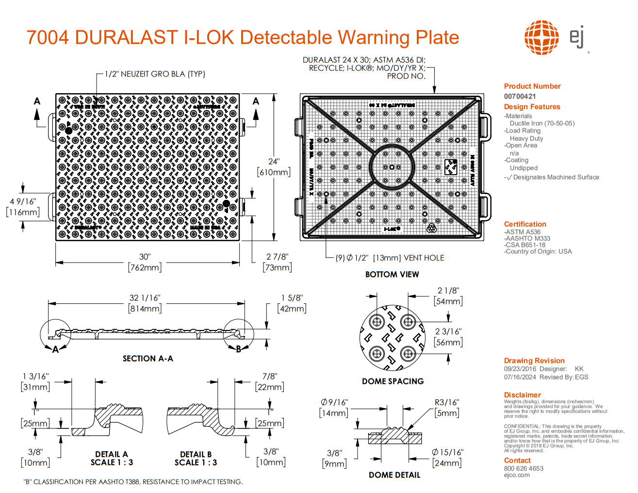Interlocking Cast Iron Detectable Warning Plate (ADA Tile)