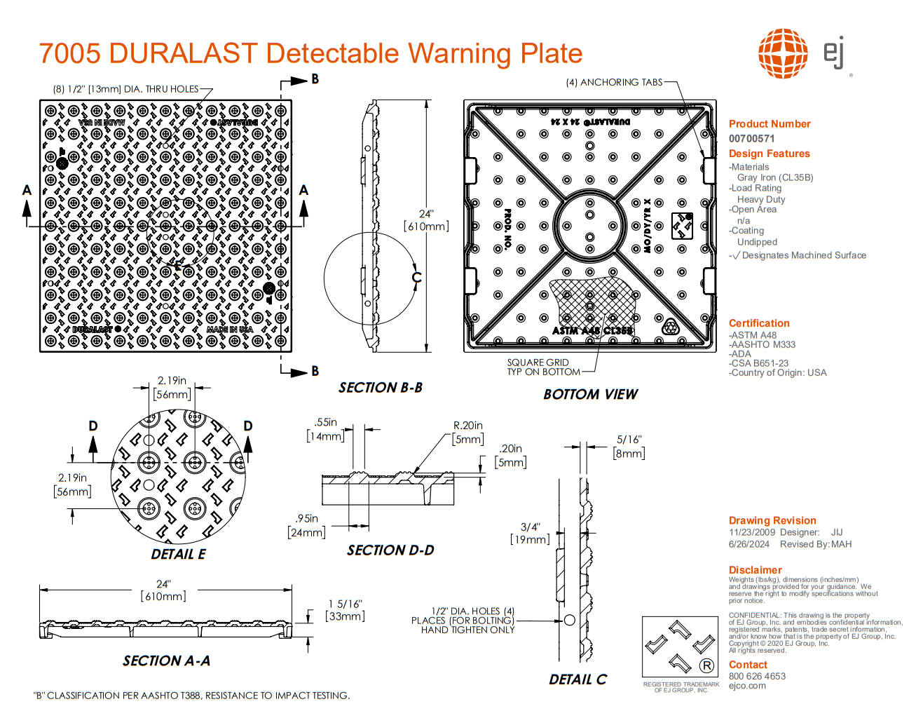 Bolt-Together Cast Iron Detectable Warning Plate (ADA Tile)