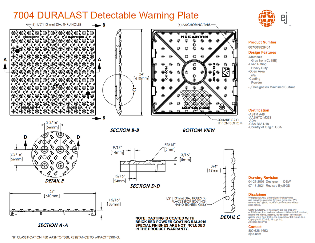 Colonial Red Detectable Warning DURALAST Detectable Warning Plate, Powder Coated BRICK RED – BC ...