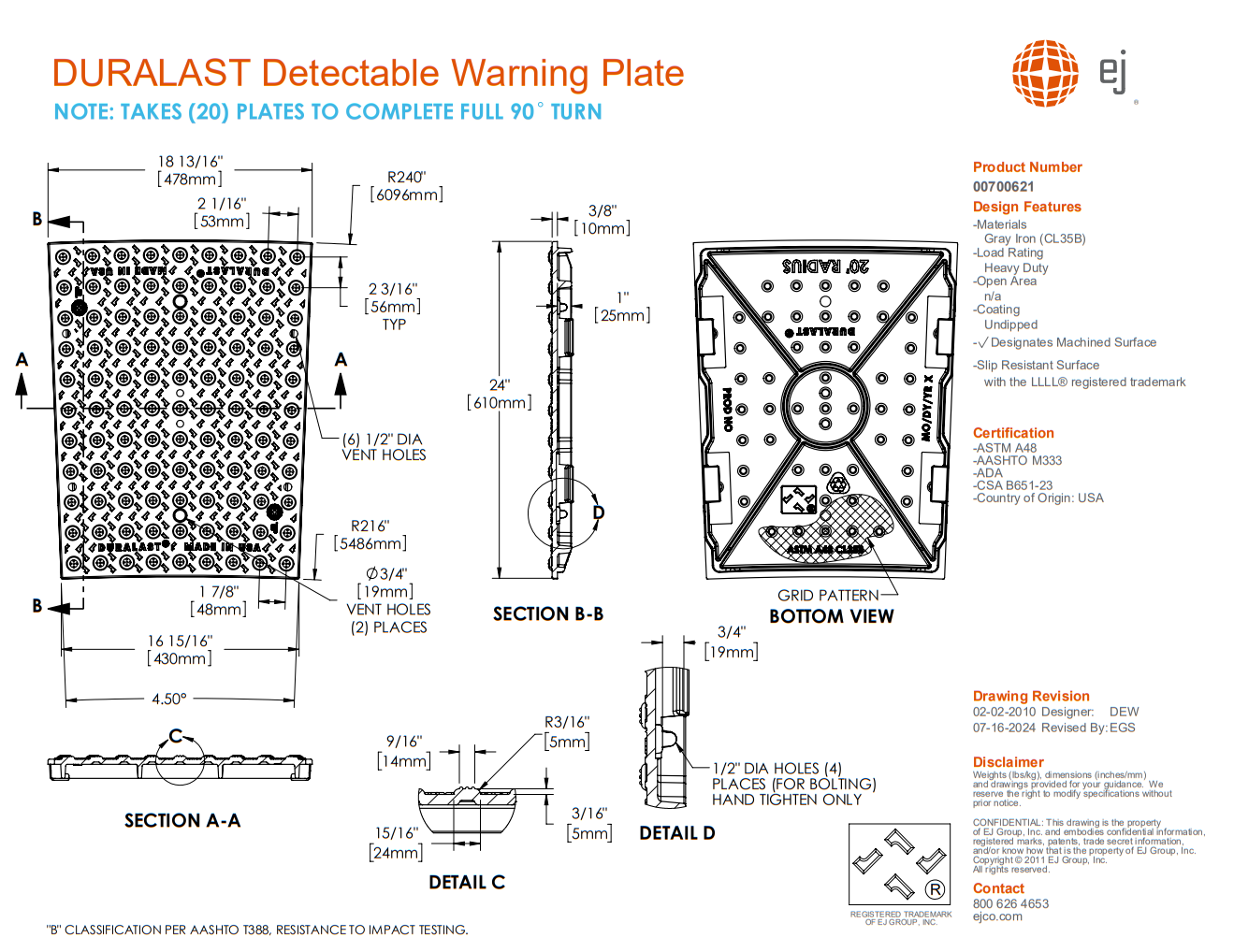 DURALAST 20' Radial Detectable Warning Plate