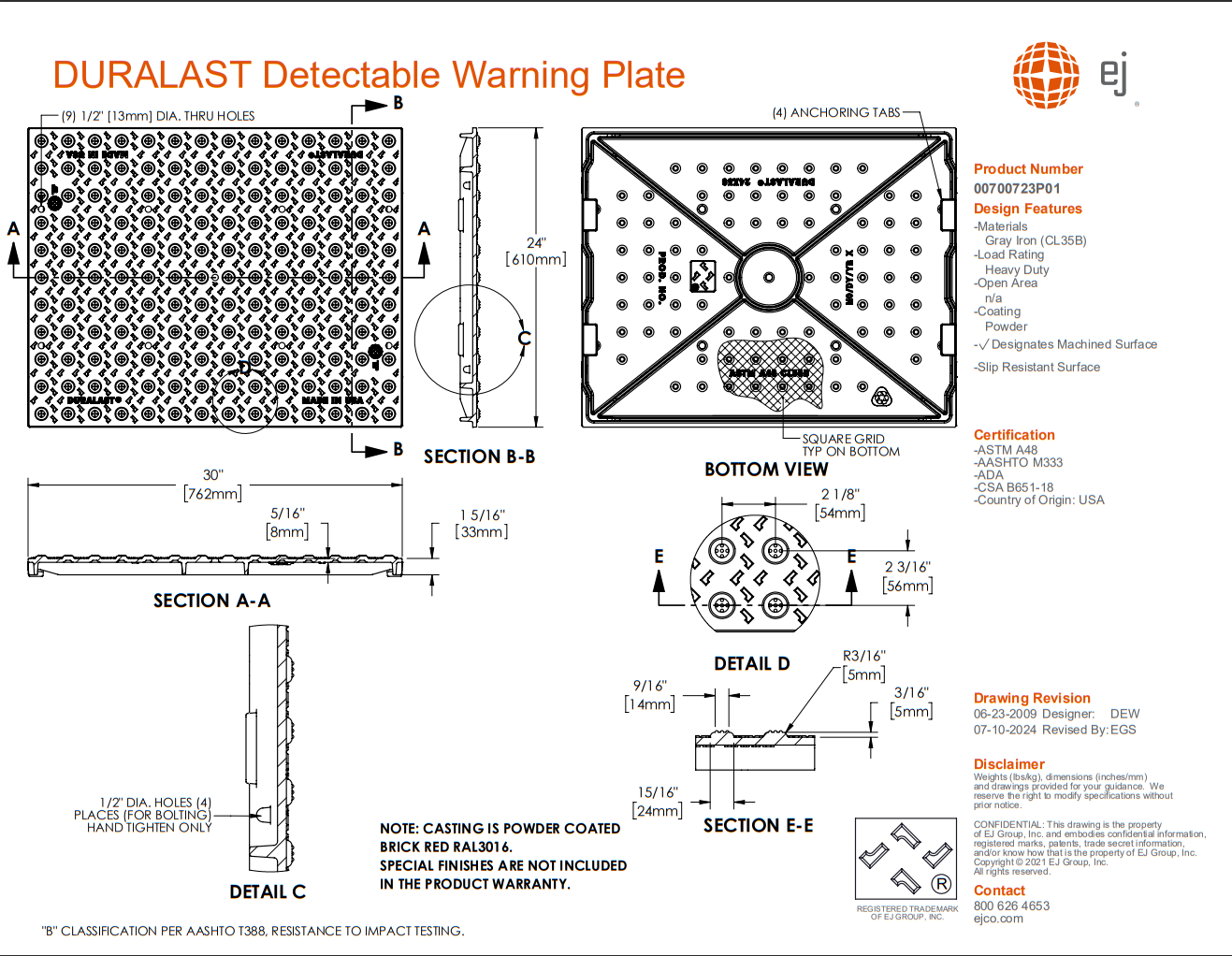 DURALAST Detectable Warning Plate, Powder Coated BRICK RED