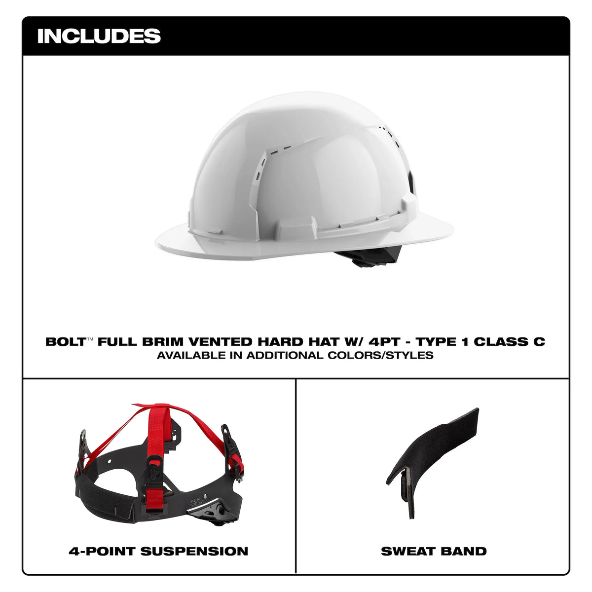 Milwaukee BOLT™ White Full Brim Vented Hard Hat w/4pt Ratcheting Suspension (USA) - Type 1, Class C