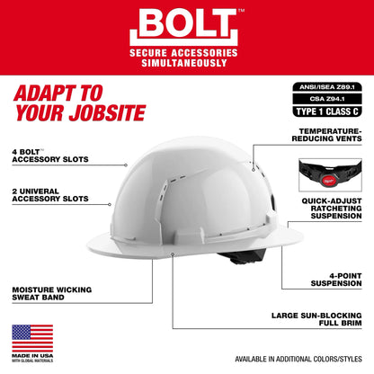Milwaukee BOLT™ White Full Brim Vented Hard Hat w/4pt Ratcheting Suspension (USA) - Type 1, Class C