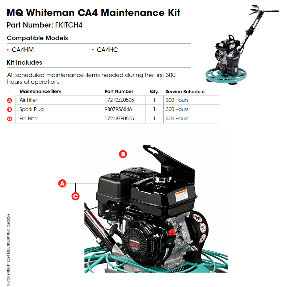 Multiquip Whiteman CA4 Maintenance Kit - Compatible with CA4HM & CA4HC