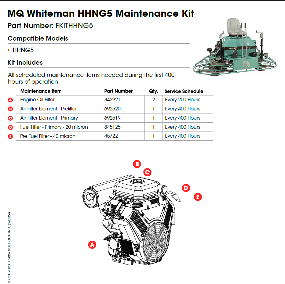 Multiquip Whiteman HHNG5 Maintenance Kit - Compatible with HHNG5