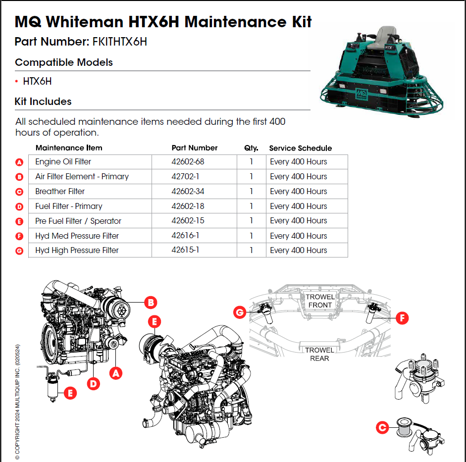 Multiquip Whiteman HTX6H Maintenance Kit - Compatible with HTX6H