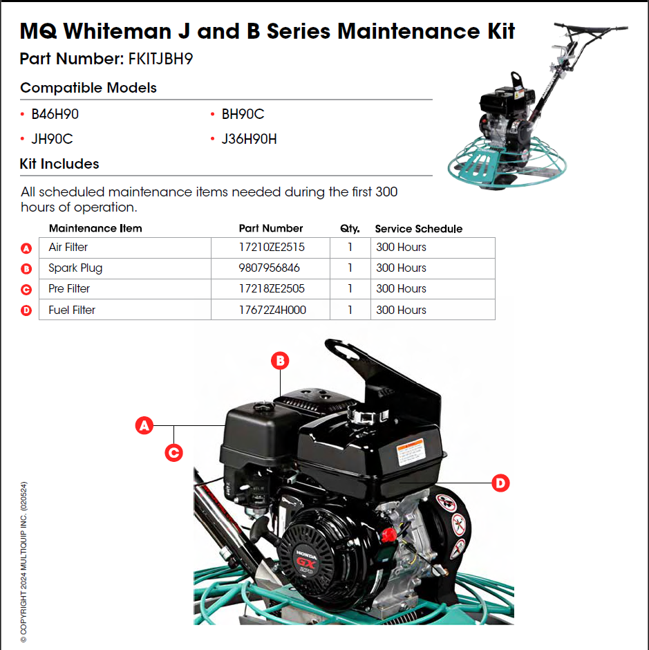 Multiquip Whiteman JBH9 Maintenance Kit - Compatible with J36H90H/B46H90