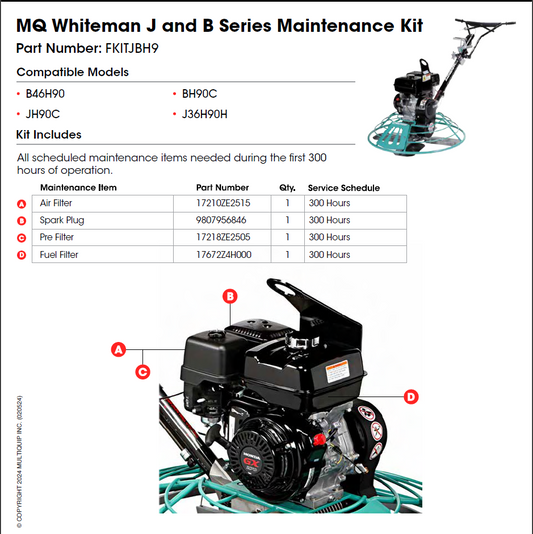 Multiquip Whiteman JBH9 Maintenance Kit - Compatible with J36H90H/B46H90